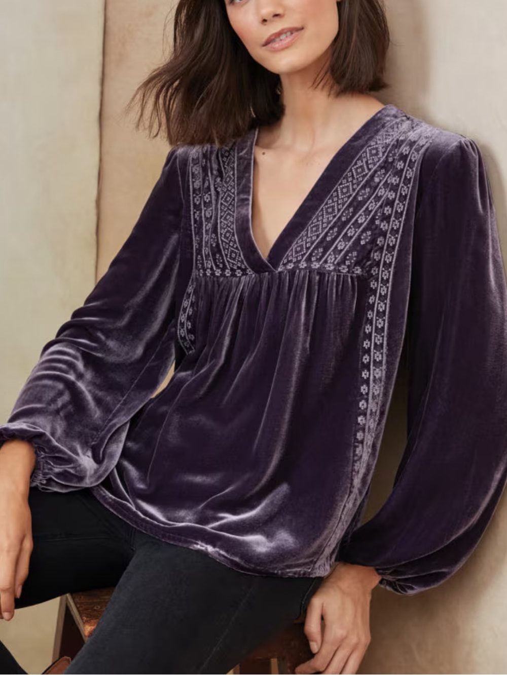 Garnet Hill Embroidered-Yoke Velvet Blouse Purple Silk Quiet Luxury Fairy-16
